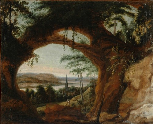 Фламандский мастер XVII века.  Пейзаж (Дальний вид из-под скалистых сводов).