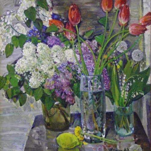 Якупов Х.А. (1919-2010) Сирень и тюльпаны. Натюрморт. 1983 г. 